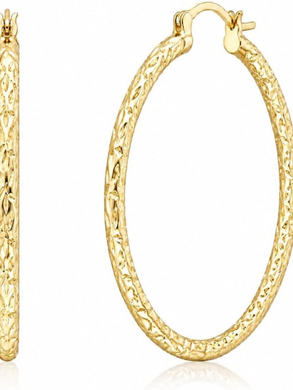 Elegant 14K Gold Large Textured Hoop Earrings with Leaf Design - Perfect for